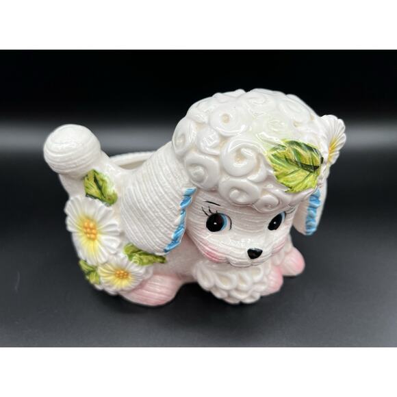 Vintage Lefton White Poodle Dog with Daisy Flowers Ceramic Planter Japan 6189 - Picture 2 of 11